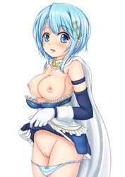 blue_eyes blue_hair blue_panties blush breasts cape female gloves hair_ornament hairclip kishimen large_breasts mahou_shoujo_madoka_magica miki_sayaka navel nipples no_bra open_mouth panties panty_pull pussy shirt_pull short_hair skirt skirt_lift solo underwear