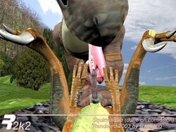 2003 3_toes 3d anal anal_fingering anthro balls big_penis claws cum cum_in_mouth cum_swallow cumshot dinosaur dragon fingering forest forked_tongue furry furry_only gay horn macro male male_only no_humans open_mouth oral orgasm penis rangarig raptor scalie sex tongue tonguejob tree varby