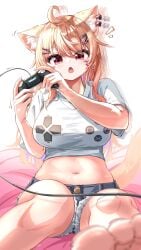 ahoge animal_ear_fluff animal_ears bangs blonde_hair blurry blurry_foreground blush breasts cat_ears controller crop_top depth_of_field female foreshortening game_controller hair_ornament hairclip large_breasts long_hair looking_at_viewer midriff navel oerba_yun_fang open_mouth panties red_eyes shirt short_shorts short_sleeves shorts sitting soles solo squchan_(vtuber) tail underwear vyugen white_shirt