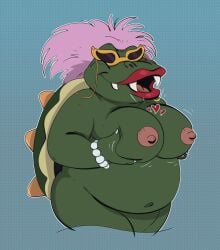 1girls anthro belly big_belly bowser's_mom breast_grab breasts claws fangs fat fat_belly female female_only furry furry_female furry_only glasses green_skin hair heart jodero koopa large_breasts lipstick mario_(series) mature mature_female milf nintendo nipples obese obese_female open_mouth overweight overweight_female pearl_bracelet pink_hair red_lipstick reptile scalie shell solo solo_female spiked_shell teeth the_super_mario_bros._super_show!