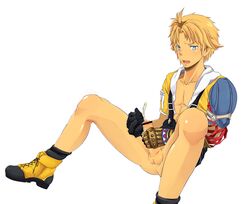 1boy abs blonde_hair blue_eyes blush boots bottomless censored cum ejaculation erection final_fantasy final_fantasy_x gloves human male male_only masturbation open_mouth orgasm penis short_hair simple_background sitting solo tagme testicles tidus vanicoro1011