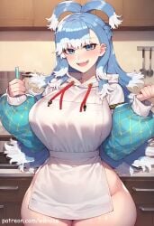 ai_generated apron big_ass big_breasts big_butt big_thighs blue_eyes blue_hair blush cropped_jacket hololive hololive_indonesia hoodie huge_ass huge_breasts huge_butt huge_thighs kitchen kobo_kanaeru no_pants wanuze wide_hips