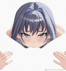 2girls absurdres black_hair blue_eyes blush commentary cunnilingus female_pov hair_intakes hand_on_another's_thigh highres hololive hololive_english kershok meme multiple_girls negative_space negative_space_cunnilingus_(meme) oral ouro_kronii pov simple_background sweat virtual_youtuber white_background yuri