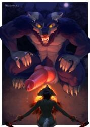 animal_genitalia animal_penis anthro arms_tied big_penis bound breasts canid canine canine_genitalia canine_penis canis claws crouching duo ear_piercing ear_ring fangs_bared female finger_claws fire fox genitals glowing glowing_eyes helpless hi_res imminent_sex knot knotted_penis larger_anthro larger_male male male/female mammal mythological_canine mythological_creature mythology night nooshka nude_anthro nude_male penis piercing pubes rear_view ring_piercing sacrifice size_difference smaller_female toe_claws werecanid werecanine werecreature werewolf wolf