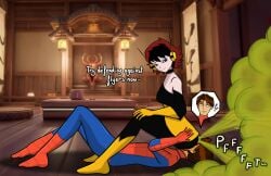 antenna_wire dialogue exclamation_point facesitting fart fart_cloud fart_fetish farting farting_in_face onomatopoeia peter_parker sitting_on_face smug sooshinoko spiderman superhero superheroine wasp_(earth's_mightiest_heroes)