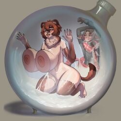 absurd_res ahe_gao anthro ball big_breasts bodily_fluids bottle breasts container cum duo farodor flask genital_fluids glass hi_res huge_breasts hyper locked looking_pleasured nipples overweight trapped