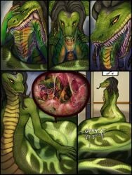 3:4 acidic anthro apode black_hair bodily_fluids closed_eyes comic cutaway draconcopode drooling duo female forked_tongue genitals green_body green_scales hair hi_res humanoid_vulva inside internal legless male mouth_closed naga nude oral_vore orange_eyes pseudo_hair reptile saliva scales scalie serpentine sharp_teeth size_difference snake species_request teeth tongue tongue_out vore willing_prey yellow_body yellow_scales