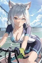 abydos_high_school_student animal_ears bicycle big_breasts cleavage cycling cycling_uniform female female_only fully_clothed gloves halo highres looking_at_viewer pekoku_(tamago_sushi) shiroko_(blue_archive) shiroko_(cycling)_(blue_archive) short_hair sweat tight_clothing video_game_character wolf_ears wolf_girl