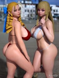 2girls 3d_(artwork) ass beach big_breasts bikini blonde_hair breasts crossover emilie_de_rochefort female karin_kanzuki long_hair ryu4life street_fighter string_bikini tekken