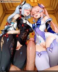 2girls ai_generated bare_shoulders blue_eyes blush bodysuit breasts clothing_cutout covered_navel crotch_cutout crotchless cuckingmama erection genshin_impact hair_ornament heart_cutout imminent_penetration imminent_vaginal large_penis long_hair male_pubic_hair medium_breasts multiple_girls navel navel_cutout nude open_mouth penis penises_touching pink_hair pointy_ears precum pubic_hair pussy sangonomiya_kokomi shenhe siblings silver_hair sisters smile standing straight tagme testicles thighhighs thighs tongue tongue_out torn_bodysuit torn_clothes torn_legwear twintails twitching_penis veins veiny_penis