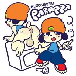 absurd_res amplifier anthro anus ass backsack balls beanie bottomwear canid canine canis chibi clothed clothing domestic_dog electronics floppy_ears footwear genitals hat headgear headwear hi_res hpyononyo looking_back male mammal microphone oversized_bottomwear oversized_clothing oversized_pants pants pantsless parappa parappa_the_rapper presenting presenting_hindquarters shirt shoes simple_background smoking sneakers solo sony_corporation sony_interactive_entertainment tail tank_top topwear young_adult