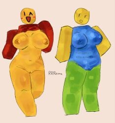 2girls :d big_breasts blue_body duo forsaken_(roblox) genderswap_(mtf) lifting_shirt noob_(forsaken) noob_(roblox) o_^ one_eye_open open_mouth roblox rrrensa rule_63 shirt_lift standing wink winking winking_at_viewer yellow_body yellow_skin