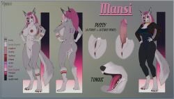 anthro breasts canid canine clitoris female fox fur futa_sans_balls futanari genitals grey_body grey_fur hair herm hermaphrodite hi_res intersex mammal mansilite model_sheet multi_genitalia nude penis purple_hair pussy snowfox solo tattoo