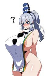 1girls blue_eyes gray_hair hat mononobe_no_futo solo ssaf ssaf_seibeupail surprised tied_hair touhou