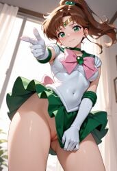 ai_generated back_bow bangs blush bow breasts brooch brown_hair choker closed_mouth clothing covered_navel covering crown earrings elbow_gloves female female female_only gloves gluteal_fold green_choker green_eyes green_gemstone green_sailor_collar green_skirt hair_bobbles hair_ornament headwear indoors jewelry kino_makoto leotard long_hair looking_at_viewer magical_girl milfhunter228 miniskirt navel nopan pink_bow pleated_skirt pointing pointing_at_viewer ponytail sailor_collar sailor_jupiter sailor_moon_(series) sailor_senshi_uniform skirt smile solo standing thighs tiara tied_hair upskirt vagina white_gloves white_leotard window