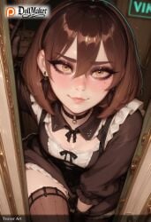 ai_generated artist_name ayase_momo blush breasts brown_eyes brown_hair choker cross_earrings dollmaker dollmaker_(artist) dress earrings female gloves heart_earrings jewelry looking_at_viewer maid maid_headdress patreon_username short_hair smile solo suitcase tagme thighhighs watermark web_address
