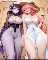 2girls ^_^ ai_generated animal_ears bangs bare_shoulders blush braid breasts cleavage closed_eyes cuckingmama cup curvy dress drink drinking_glass earrings erune eyebrows_visible_through_hair flower genshin_impact hair_between_eyes hair_flower hair_ornament hat holding_cup holding_hands horns jewelry large_breasts long_hair mole multiple_girls nail_polish open_mouth pink_hair purple_hair purple_nails raiden_shogun ribbon side_braid single_braid smile sun_hat tagme thick_thighs thighs twin_braids very_long_hair white_dress wide_hips wine_glass yae_miko