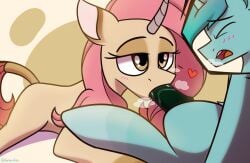 1_horn 2025 animal_genitalia animal_penis blush breath brown_eyes digital_drawing_(artwork) digital_media_(artwork) duo equid equine equine_genitalia equine_penis eyelashes fan_character fellatio female feral feral_on_feral genitals graircleic hair heart_symbol hi_res horn intraspecies lidded_eyes long_hair male male/female mammal mythological_creature mythological_equine mythology open_mouth oral penile penis penis_in_mouth pink_hair quadruped sex tail tan_body teal_body teal_hair them's_fightin'_herds unicorn
