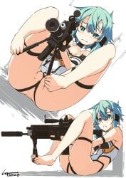 anus anus_peek ass bare_shoulders barefoot cameltoe commission female from_side green_hair gun highres holding holding_gun holding_weapon holding_with_feet multiple_views pussy rifle shikei short_hair sinon skeb_commission sniper_rifle sword_art_online weapon