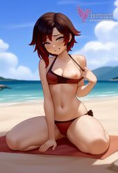 1girls 2d ai_generated ass back barefoot beach beachball big_ass big_breasts bikini black_bikini day erophoenix feet gradient_hair looking_at_viewer looking_back multicoloured_hair nipple_slip nipples outdoors pale_skinned_female patreon_username red_hair ruby_rose rwby short_hair sitting sky smile soles solo swimsuit two-tone_hair umbrella uncensored