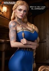 absurd_res absurdres ai ai_art ai_generated bent_over blue_dress braid braided_hair clothed_female clothing femdom god_of_war god_of_war_ragnarok goddess hi_res high_quality jpg large_ass large_breasts mommy mommy_kink posing sif sif_(god_of_war) speech_bubble surprised tattoo witches_ai