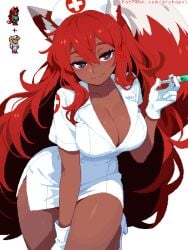 archapxl big_breasts big_hair cleavage dark-skinned_female dark_skin female fox_ears fox_girl fox_tail gloves heart i_would_bark_for_her_ngl looking_at_viewer needle nurse_uniform patreon patreon_username pixel_art re-logic red_hair tagme terraria thick_thighs white_background zoologist_(terraria)