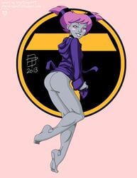 1girls 2013 ass barefoot bottomless callmepo cartoon_network color colored dc_comics female female_only grey_skin hoodie jinx_(dc) pink_eyes pink_hair smile solo stardragon77 teen_titans