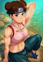 1girls abs aged_up ai_generated arm_behind_head arm_up armpit armpit_fetish armpits athletic athletic_female brown_eyes brown_hair civitai clothed double_bun female female_focus female_only fit fit_female headband looking_at_viewer muscular_abs naruto naruto_(classic) naruto_(series) puckout sandals sleeveless smile smiling smiling_at_viewer solo solo_female solo_focus sweat sweatdrop sweating sweating_female sweaty sweaty_armpit sweaty_armpits sweaty_body tenten tenten(genin)
