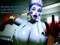 1girls 3d animatronic artist_name ballora ballora_(cosmic_trance) ballora_(fnafsl) big_breasts blue_hair breasts dialogue drill ear_piercing english_text female five_nights_at_freddy's holding_object imminent_lobotomy imminent_pain large_breasts masteryorg0 nurse_cap nurse_uniform power_drill purple_eyes robot sharp_teeth sister_location solo solo_female speaking_to_viewer text