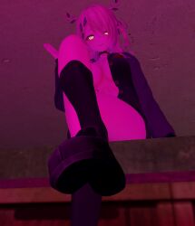 antlers ceres_fauna crossed_legs garry's_mod gmod green_hair hololive hololive_english hololive_english_-council- hololive_english_-promise- jacket_open looking_at_viewer partially_clothed_female shoes_on solo_female vtuber