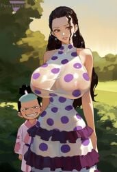 1boy 1girls ai_generated big_breasts breasts_bigger_than_head busty clothing curvy dark-skinned_female female huge_breasts kozuki_momonosuke latina legs male marshalperv one_piece pervmarshal shiny_skin sideboob size_difference solo_female spanish undressing viola_(one_piece)