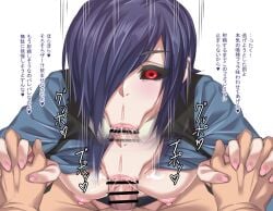 1boy bar_censor black_hair black_sclera black_shirt blue_shirt censored colored_sclera commentary_request female hair_over_one_eye holding_hands kirishima_touka ko1444 looking_at_viewer nipples open_mouth penis red_eyes shirt short_hair straight tokyo_ghoul translation_request veins veiny_penis white_background
