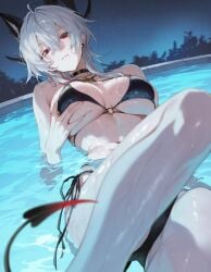 ai_generated bellmod3 black_bikini choker grabbing_own_breast horns pool red_eyes tail wet_body white_hair wuthering_waves zani_(wuthering_waves)