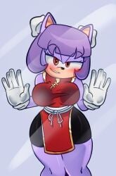 big_breasts blush blushing_at_viewer breasts china_dress chinese_dress chinese_female fan_character gloves huge_breasts oc pressed_on_glass purple_fur purple_hair quipao red_eyes seductive seductive_eyes seductive_look seductive_smile sega shyna_the_hedgehog sonic_(series) sonic_the_hedgehog_(series) twin_buns white_gloves xao_art