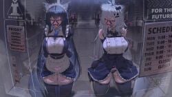 2girls ahoge alternate_breast_size_(larger) arknights arms_behind_back bdsm black_dress black_hair black_thighhighs blush bondage bound bound_arms breasts commentary commission dress english_commentary enmaided gag grey_hair highres huge_breasts kajoki kneeling lappland_(arknights) long_hair maid maid_headdress multiple_girls restrained rolling_eyes scar scar_across_eye scar_on_face second-party_source texas_(arknights) thighhighs thighs tongue tongue_out very_long_hair