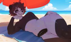 anthro balls beach bear black_body black_penis blue_eyes detailed_background eyewear femboy gay gay_male genitals giant_panda glasses hand_on_leg hand_on_thigh hi_res humanoid_genitalia humanoid_penis krapekk male mammal multicolored_body nude_anthro nude_male open_mouth original original_character penis solo thick_thighs wearing_glasses white_body yaoi