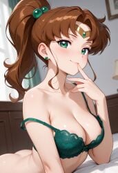 ai_generated areola_slip areolae ass bangs bare_shoulders bed bed_sheet bedroom blush bottomless bow bra breasts brown_hair circlet clavicle cleavage closed_mouth clothing curtains earrings female female female_only finger_to_mouth green_bra green_clothing green_eyes green_underwear hair_bobbles hair_ornament indoors jewelry kino_makoto lamp large_breasts lingerie long_hair looking_at_viewer lying medium_breasts milfhunter228 navel on_bed on_stomach pantsu parted_bangs pillow ponytail sailor_jupiter sailor_moon_(series) smile solo strap_slip stud_earrings thighs tied_hair underwear underwear_only upper_body wardrobe_malfunction window