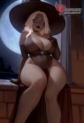 1girls 2d ai_generated ass barefeet big_ass black_body black_lips black_skin breasts dark-skinned_female dress elden_ring_nightreign erophoenix fantasy feet female female_focus full_body huge_breasts long_hair looking_at_viewer patreon_username recluse_(nightreign) solo solo_female sweat thick thick_thighs toes uncensored white_hair witch_hat