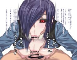 1boy :>= bar_censor black_hair black_sclera black_shirt blue_shirt breasts censored colored_sclera commentary_request fellatio female hair_over_one_eye kirishima_touka ko1444 looking_at_viewer nipples open_mouth oral penis red_eyes shirt short_hair straight tokyo_ghoul translation_request veins veiny_penis white_background