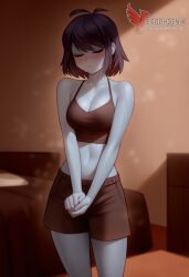1girls 2d ai_generated ass barefeet big_ass big_breasts blue_skin bra breasts closed_eyes deltarune erophoenix feet female female_focus full_body kris_(deltarune) kris_female_(deltarune) looking_at_viewer midriff navel neutral_expression panties patreon_username solo solo_female sweat thick thick_thighs toes uncensored underwear