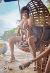 1girls 3d beach black_hair brown_eyes final_fantasy_vii final_fantasy_vii_remake flower_in_hair looking_at_viewer one_breast_out pov sandals seaside seven_(sixplusone) swimsuit tifa_lockhart voluptuous