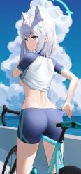 1girl abydos_high_school_student average_breasts bicycle big_ass blue_archive damcheong halo highres ideal_woman perfect_body perfect_figure shiroko_(blue_archive) shiroko_(cycling)_(blue_archive) short_hair skintight sweat sweatdrop toned_female video_game_character wolf_ears