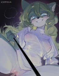 anthro black_background blue_eyes breasts clothing crazy_eyes dress duo female female_penetrated first_person_view genitals green_hair grinning_at_viewer hair hi_res krapekk leash leashed_pov looking_at_viewer male male/female male_penetrating male_penetrating_anthro male_penetrating_female mammal nipples penetration penile penile_penetration penis penis_in_vagina sex simple_background translucent translucent_clothing translucent_dress vaginal_penetration vaginal_penetration vulva