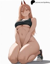1girls ai_generated arms_between_legs bangs bare_shoulders black_footwear blonde_hair chainsaw_man closed_mouth crop_top demon_horns female from_below hair_between_eyes hair_over_shoulder hi_res high_quality high_resolution highres horns kneeling light lips long_hair looking_at_viewer midriff navel no_panties nose opal_nemy orange_eyes patreon patreon_logo patreon_url patreon_username plain_background power_(chainsaw_man) self_upload shadow simple_background smirk sneakers thick_eyebrows thick_thighs thighs underboob wariza watermark white_background