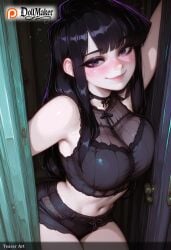ai_generated bangs black_hair blunt_bangs blush breasts choker dollmaker dollmaker_(artist) female large_breasts long_hair midriff navel pale_skin patreon_username purple_eyes smile solo tagme watermark web_address