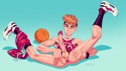 1boy basketball basketball_uniform big_penis gay hairy_armpits kneehighs male_only maruten musk orange_hair pants_around_one_leg presenting_ass presenting_hindquarters smirk sneakers spread_anus spread_legs veiny_penis wink winking_at_viewer