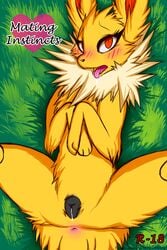 2013 anatomically_correct_pussy anus blush candyfoxy canine_pussy comic eeveelution female feral furry grass jolteon lying nintendo on_back outside pokemon pussy pussy_juice solo spread_legs spreading tongue tongue_out video_games