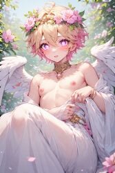 ai_generated angel angel_boy angel_wings blonde_hair blonde_hair blonde_hair_male blonde_male cupid cute eros femboy flower_crown flower_in_hair flower_on_head flowers god god_of_love greek_god greek_mythology heart heart-shaped_pupils heart_eyes lithe nipples pink pink_eyes pink_hair pink_hair_male pink_nipples pretty twink