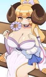 1girls ahoge amber_eyes anila_(granblue_fantasy) big_breasts big_horns blonde_hair blush choker cleavage commission curved_horns draph eyebrows_visible_through_hair female female_only granblue_fantasy hair_ribbon hi_res horns j5daigada japanese_clothes large_breasts long_hair looking_at_viewer sitting smiling smiling_at_viewer solo thick_eyebrows yukata