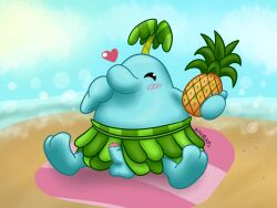 2_toes accident accidental_exposure balls big_nose blue_body blush blush_lines bottomwear clothing cloud detailed_background erection feet food fruit genitals grass_skirt hand_on_face heart_symbol hi_res holding_food holding_fruit holding_object holding_pineapple humanoid male mario_bros narrowed_eyes nikumeats nintendo overweight overweight_male palm_tree penis pianta_(super_mario_sunshine) pineapple plant sand sea signature sitting sitting_on_towel skirt slightly_chubby slightly_chubby_male solo spread_legs spreading super_mario_sunshine toes towel tree vein veiny_penis water